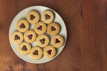 Plate of cookies with chocolate and jam filling