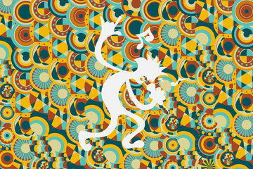 Singer with white shape is singing and dancing on colorful background.