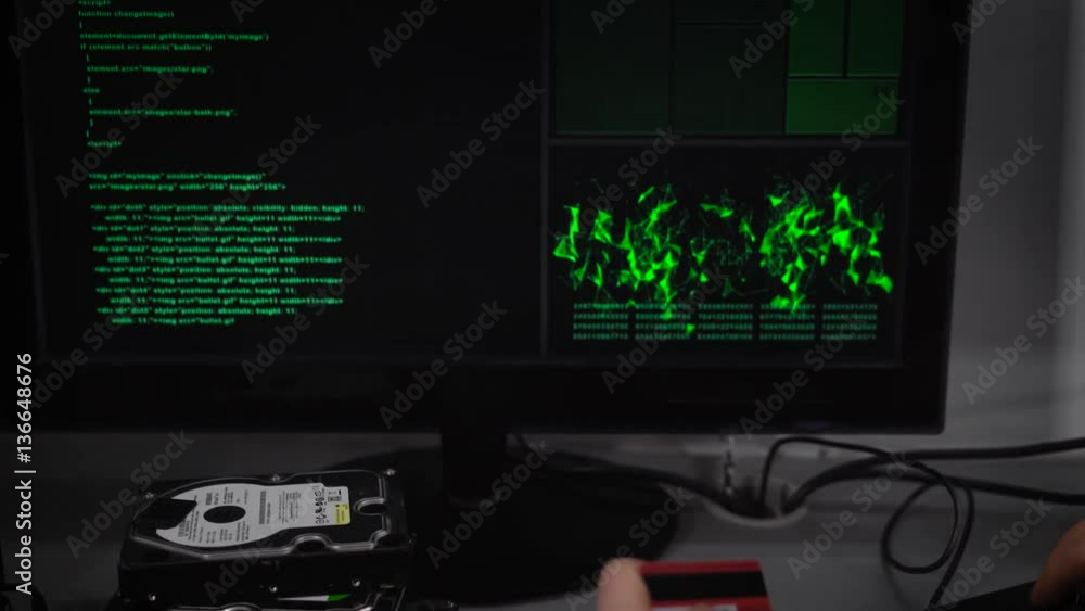 Poster a hacker is preparing for breaking financial accounts in the computer room. a man at a rapid pace en