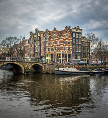Amsterdam cityscape, traditional dutch houses and canals