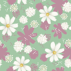 Materiał do szycia Raster seamless pattern with spring flowers on gentle green background. Floral illustration with white flowers for you textile design, wrapping paper etc.