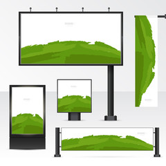 Fototapeta premium Mockup billboard, city light, horizontal and vertical banners. Set objects for outdoor advertising. Template for branding on white background. Vector illustration.