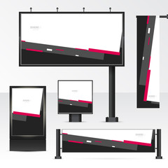 Mockup billboard, city light, horizontal and vertical banners. Set objects for outdoor advertising. Template for branding on white background. Vector illustration.