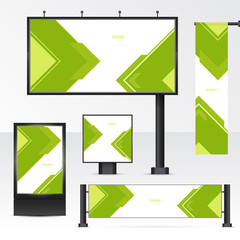 Mockup billboard, city light, horizontal and vertical banners. Set objects for outdoor advertising. Template for branding on white background. Vector illustration.
