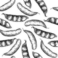 Seamless pattern design or background with pea. Hand drawn illustration by ink and pen sketch. Can use for fruit and vegetable products and health care goods packaging.