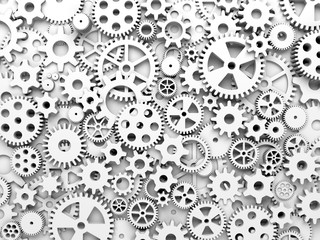 Gears and cogs. White toned background. 3d illustration