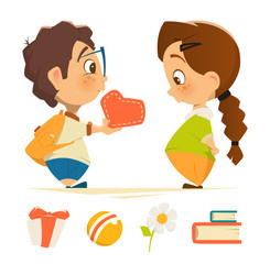 Cute boy and girl in love holding heart