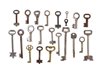 set of old keys from the lock isolated on a white background