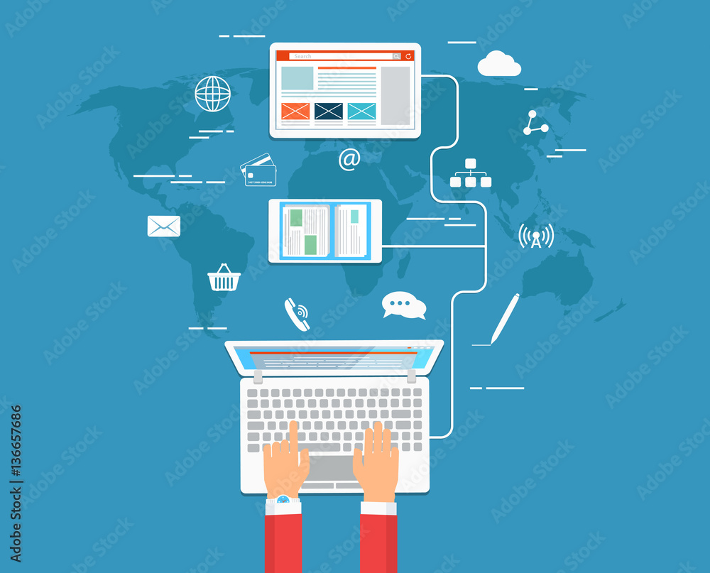 Poster interaction hands using keyboard and mobile applications on screen. work in network, internet analyt