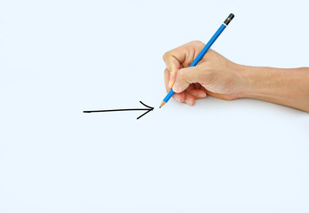 Hand holding a pencil on a white paper background, Drawing with pencil for Sign of Arrow
