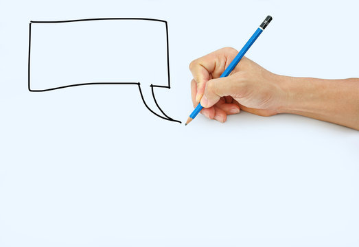 Hand holding a pencil on a white paper background, Drawing with pencil for image of Speech Bubbles