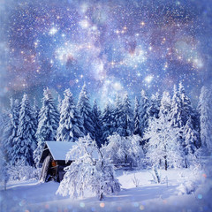 fantastic winter landscape. Chalet under the stars. background w