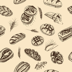 Vector illustration sketch. bread, loaf, baguette. Card bakery house with fresh pastry.