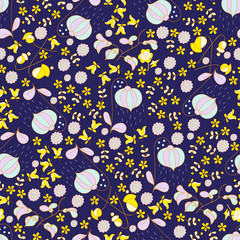 Colorful abstract floral seamless pattern hand-drawn on blue bac