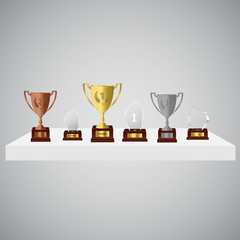 Trophy and awards on shelf.