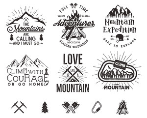 Set of mountain climbing labels, mountains expedition emblems, vintage hiking silhouettes logos and design elements. Vector retro letterpress style isolated. Wilderness patches, insignia