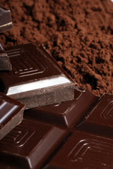 Bar of chocolate with powder of cocoa cacao