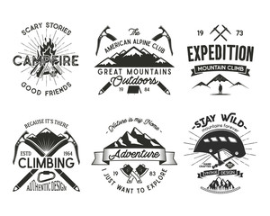 Vintage mountaineering badges set. Climbing logo, vintage vector emblems. Climb alpinism gear - helmet, carabiner, campfire. Retro t shirt design. Old style illustration. Letterpress effect
