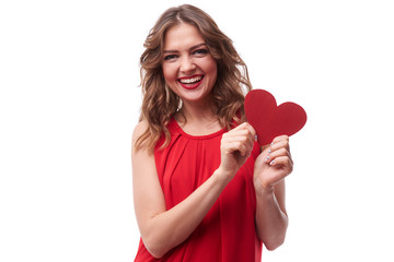 Cheerful brunette with valentine card
