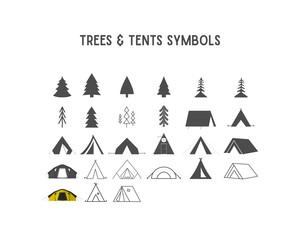 Trees and tent vector shapes  elements for creation your own outdoor labels, hipster retro patches, adventure vintage badges, travel logotypes. Silhouette, line art design