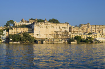 Fototapeta premium Landscape the city of Udaipur in India on water, the city 