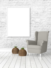 Modern bright interior with empty frame . 3D rendering