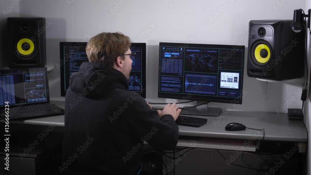 Poster rear view of man on a hacker who finally broke the programa and gained access to sensitive data. acc