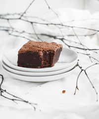 Closeup of brownie cake on a white plate on a white background. Decorating branches.