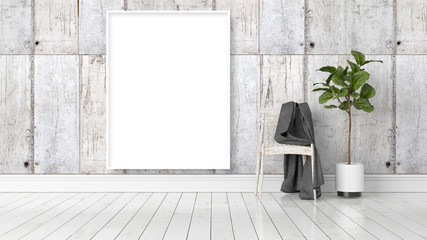 Modern bright interior with empty frame . 3D rendering