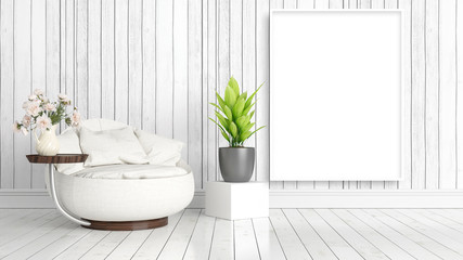 Modern bright interior with empty frame . 3D rendering