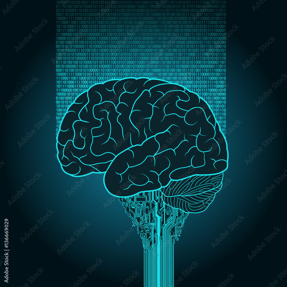 Wall mural The brain is connected to the electronic device and a cloud service. The concept of a cyborg