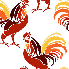 Pattern with colorful rooster. Holiday print. Seamless vector New Year texture.   