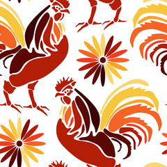 Pattern with colorful rooster. Holiday print. Seamless vector New Year texture.   