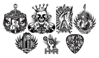 Naklejka premium Set of monochrome vector pattern on the theme of rock music, rock and roll
