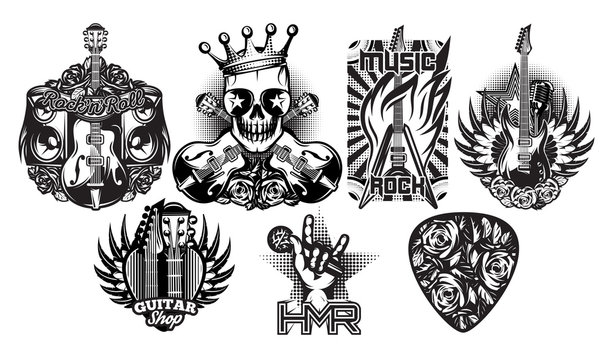 Set of monochrome vector pattern on the theme of rock music, rock and roll
