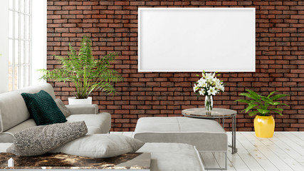 Modern bright interior with empty frame . 3D rendering