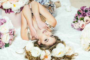 pretty girl in flowers bouquets