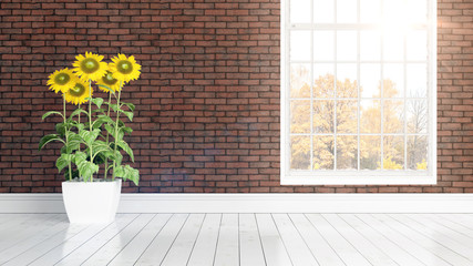 Modern bright interior with large window . 3D rendering