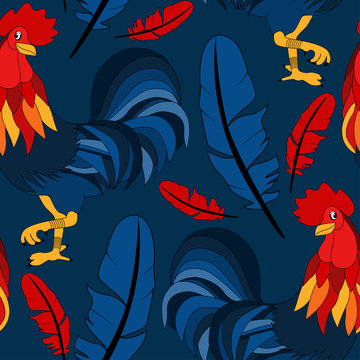 Pattern with colorful rooster. Holiday print. Seamless vector New Year texture.  