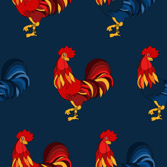 Pattern with colorful rooster. Holiday print. Seamless vector New Year texture.  