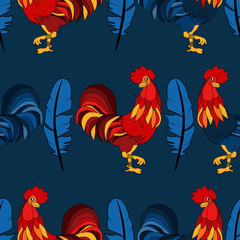 Pattern with colorful rooster. Holiday print. Seamless vector New Year texture.  