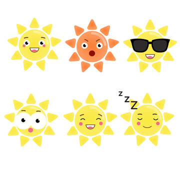 Cute kawaii sun character. Vector emoji, emoticons, expression icons. Isolated design elements, stickers
