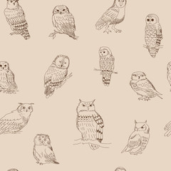Seamless ornament with various owls in retro style