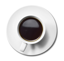 Cup of coffee, high angle view. Black coffee in a white coffee cup, isolated on white background. Cut out object.