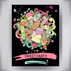 Poster, invitation card design with ice cream, cupcake, cheeseca