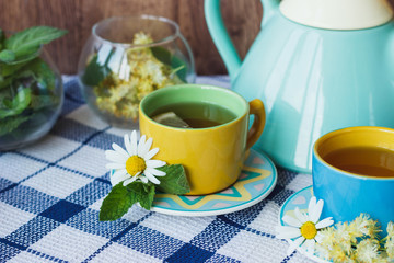 Cups of herbal tea with camomile and mint leaves