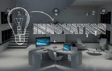 Innovation hand drawn concept in office 3D rendering