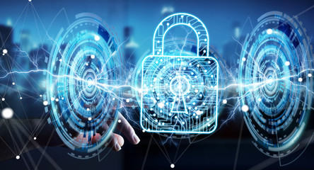 Businessman using digital padlock to secure his datas 3D renderi