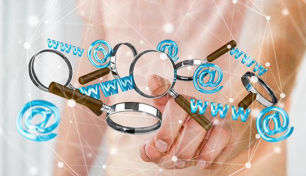 Businessman touching 3D rendering contact icon and magnifying gl