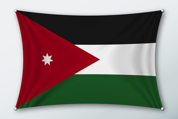 Obraz premium Jordan national flag. Symbol of the country on a stretched fabric with waves attached with pins. Realistic vector illustration.